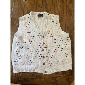 Vintage Jessi Lee Women's Cable Knit Sweater Vest L White Multicolor Pattern 100